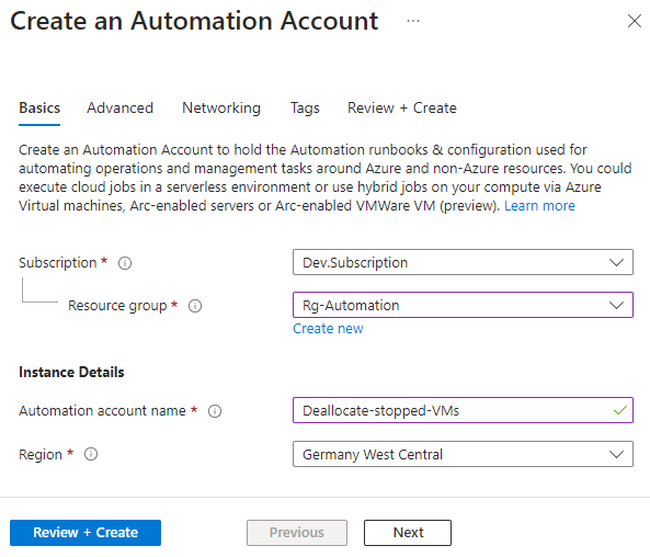 Azure Support - Automation-Konten erstellen